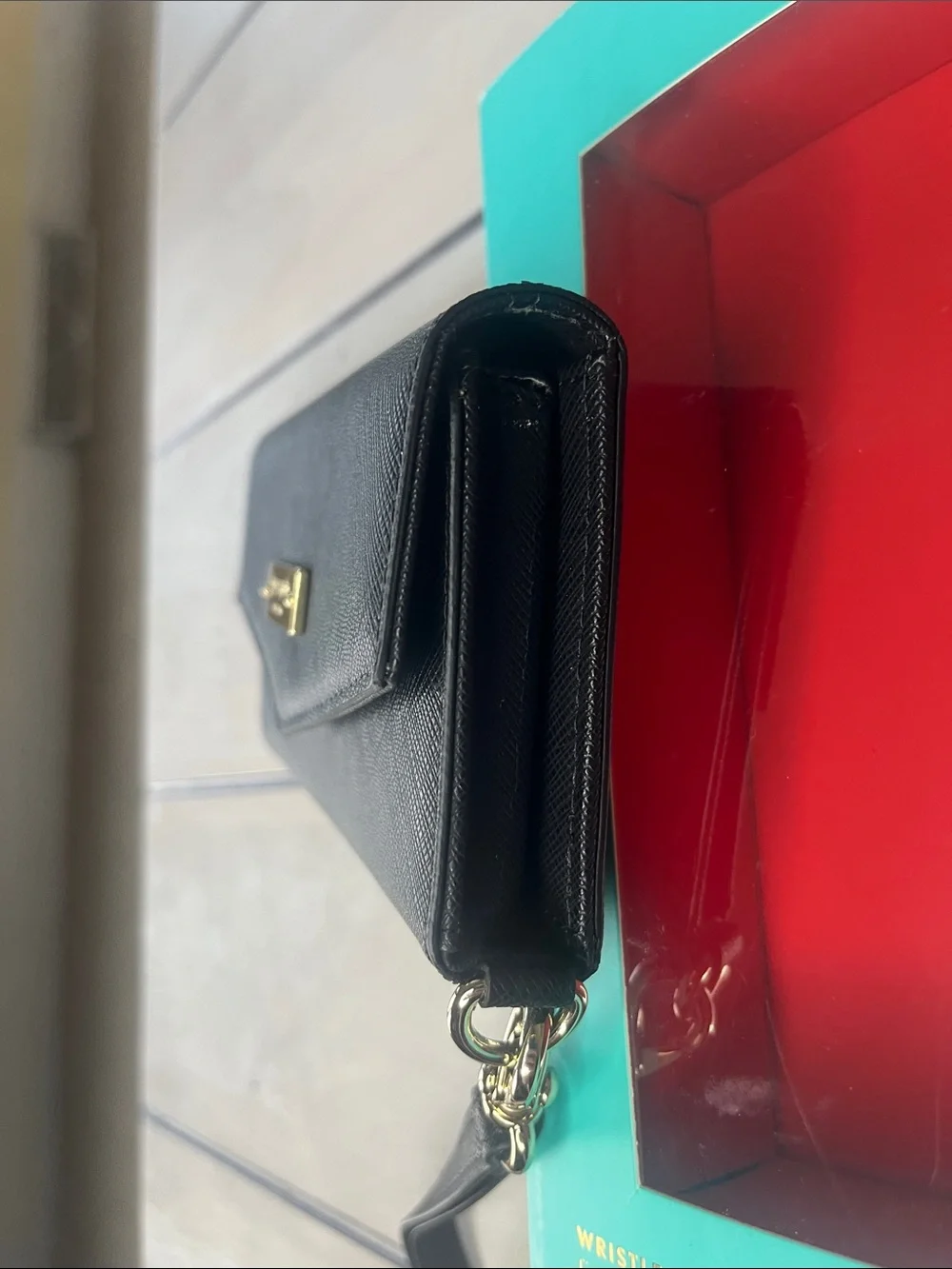 kate spade Black Saffiano Wristlet Clutch with Gold Plaque
